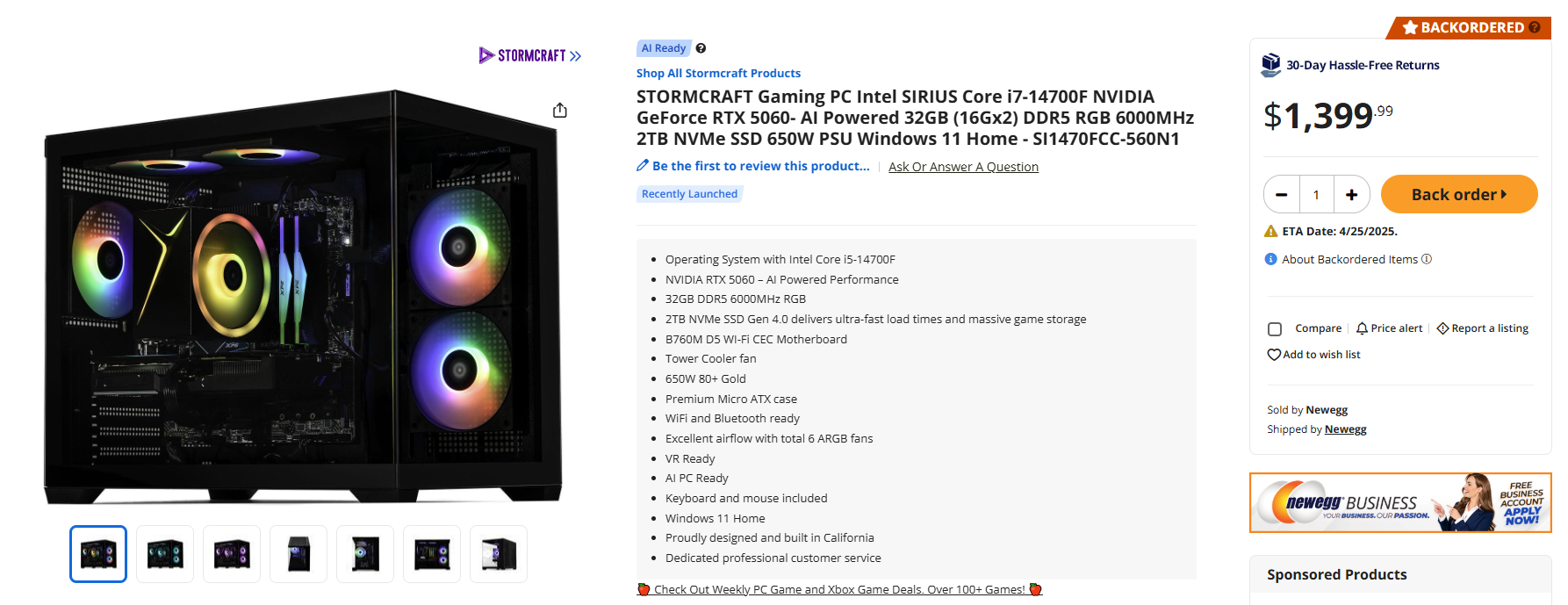 Stormcraft PC Sirius RTX 5060 i7 14700f Newegg