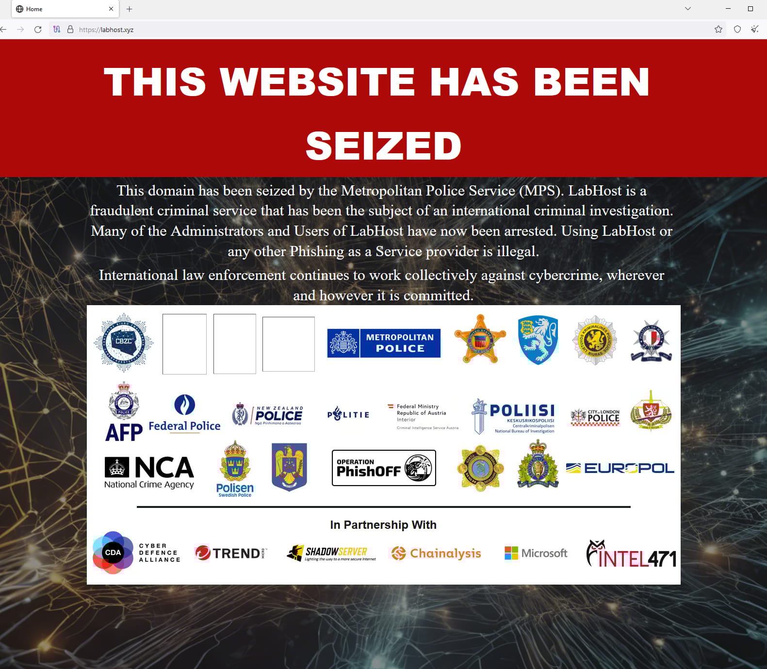 Banner κατάσχεσης ιστοσελίδων Labhost