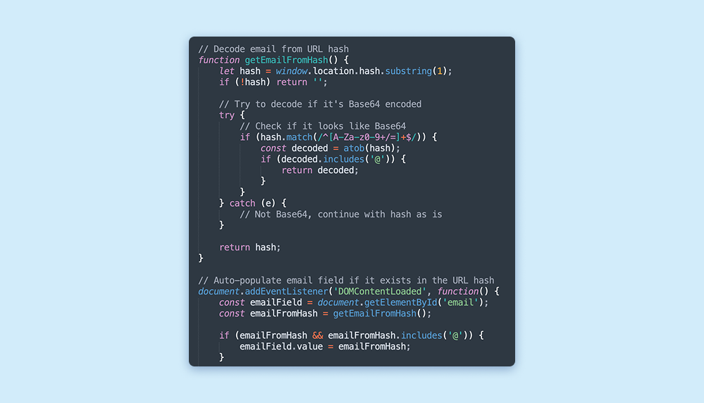 Το απόσπασμα του JavaScript που θα εξαγάγει τη διεύθυνση ηλεκτρονικού ταχυδρομείου του στόχου από το τμήμα αγκύρωσης της διεύθυνσης URL, εάν υπάρχει.