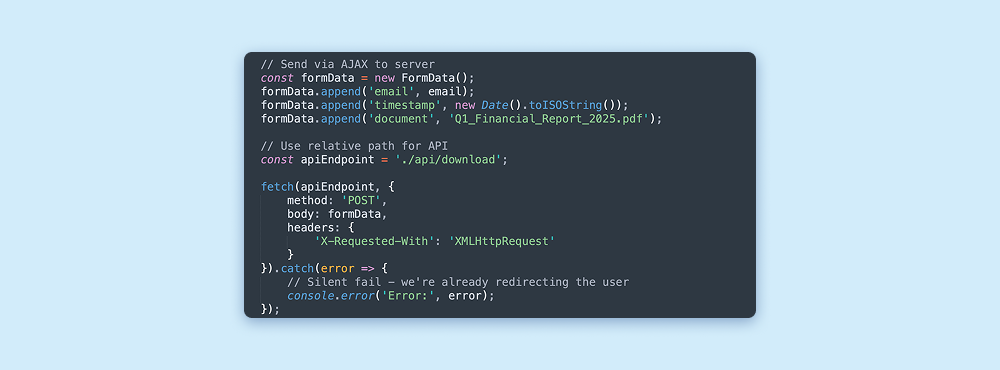 Απόσπασμα JavaScript που στέλνει ένα αίτημα δημοσίευσης με πληροφορίες θύματος σε ένα τελικό σημείο API