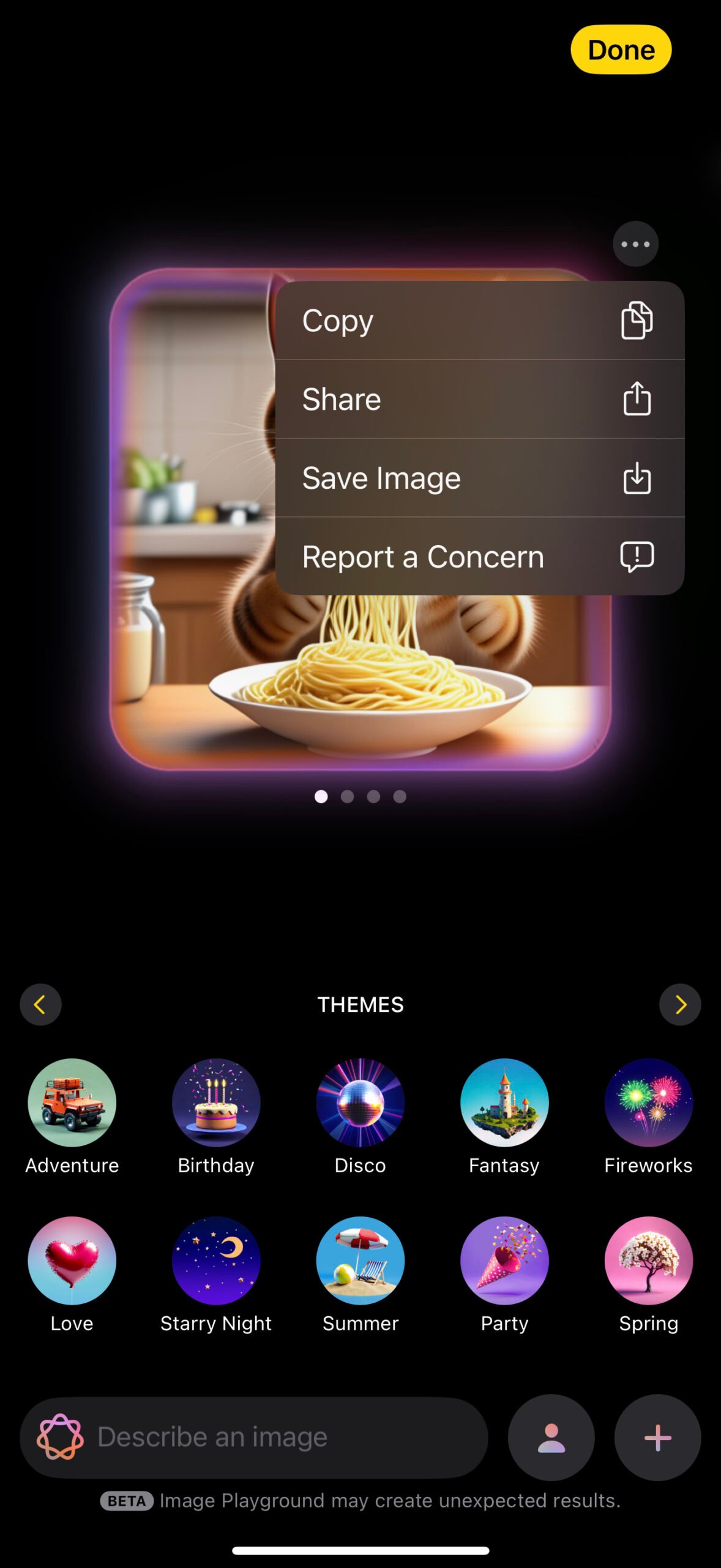 12 - apple iphone 16 pro max apple intelligence image playground text to image copy, save, share options