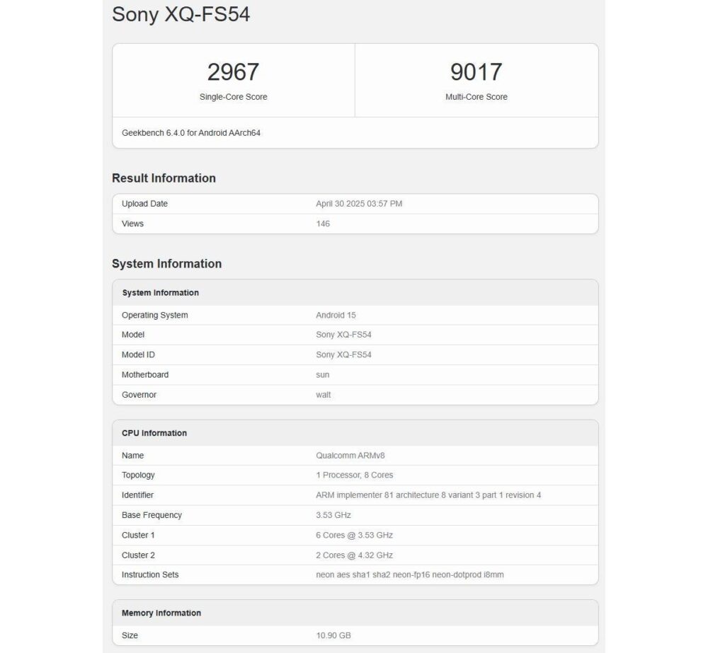 Sony Xperia 1 VII, Sony Xperia 1 VII: Τρέχει στο Geekbench και μαθαίνουμε chipset, RAM και έκδοση Android