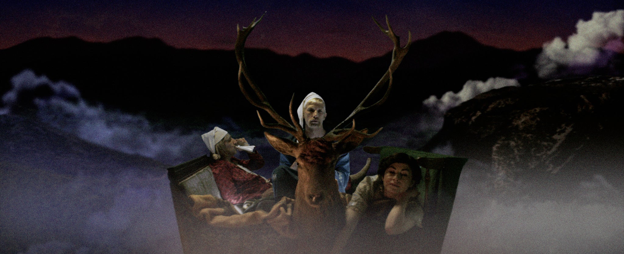 A odd fever dream like image of a man on a deer