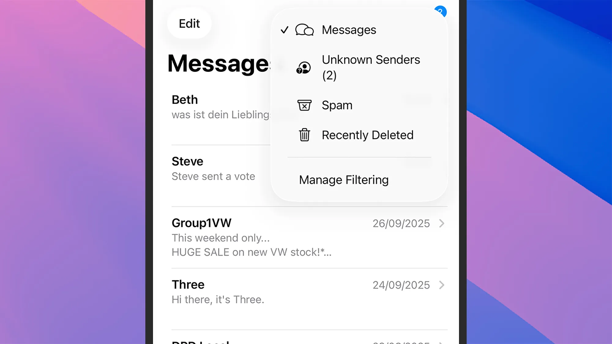 στιγμιότυπο οθόνης των επιλογών φιλτραρίσματος