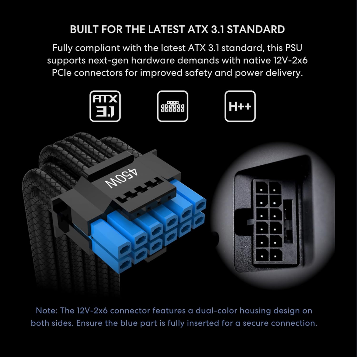 Καλώδιο ATX 3.1 PSU με ετικέτα 450W με υποδοχές 12V-2x6 PCIe επισημασμένες για ασφάλεια και παροχή ισχύος.