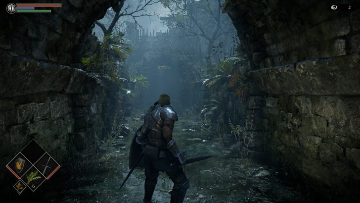 Το Character in armor εξερευνά έναν πέτρινο διάδρομο σε ένα βιντεοπαιχνίδι με ενδείξεις υγείας και αντικειμένων στην οθόνη.