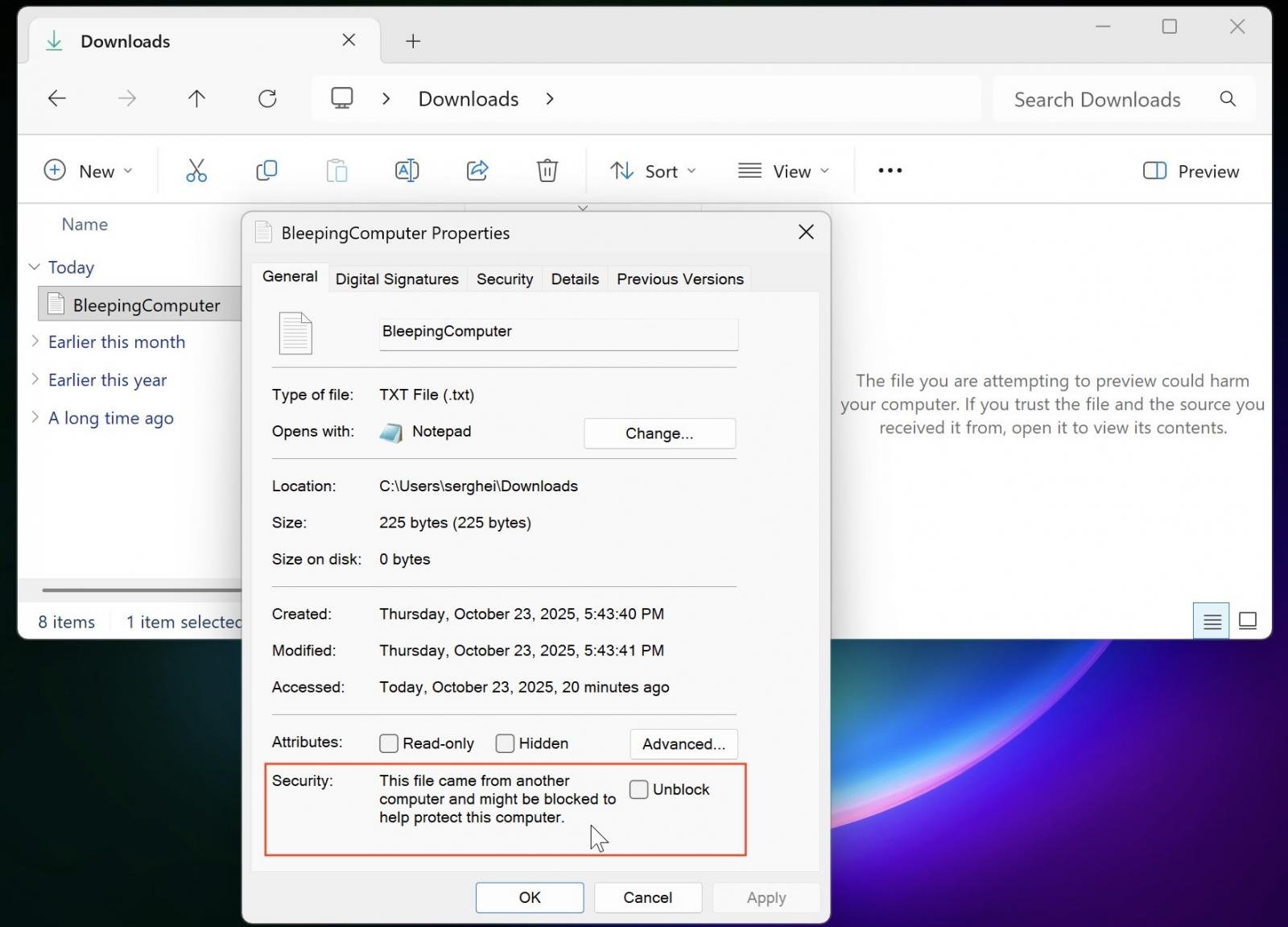 Η προεπισκόπηση του File Explorer απενεργοποιήθηκε για το αρχείο λήψης