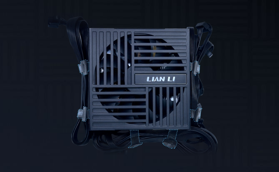 Τροφοδοτικό Lian Li με εμφανές λογότυπο και καλώδια.