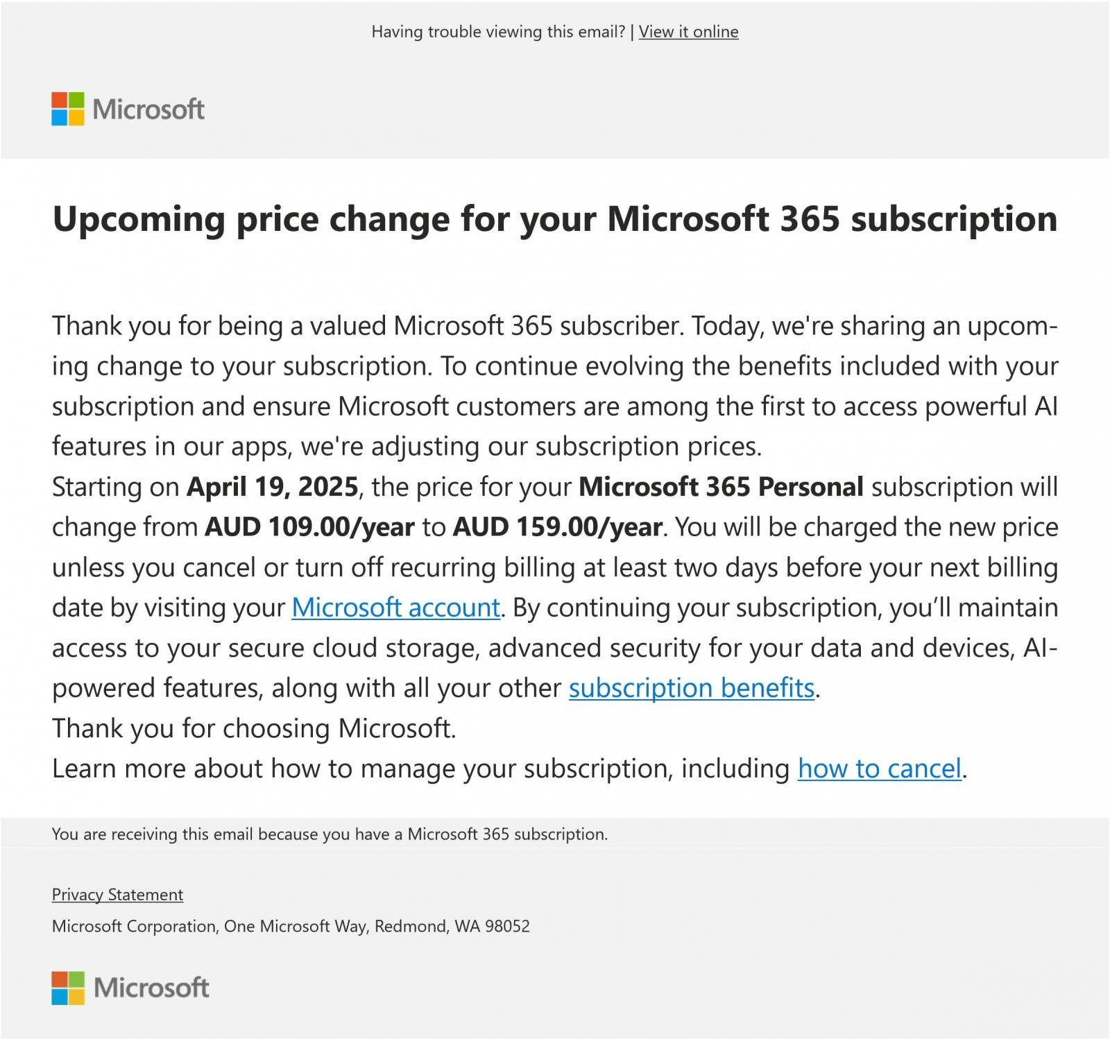 Μήνυμα ηλεκτρονικού ταχυδρομείου που έστειλε η Microsoft σε υπάρχοντες συνδρομητές