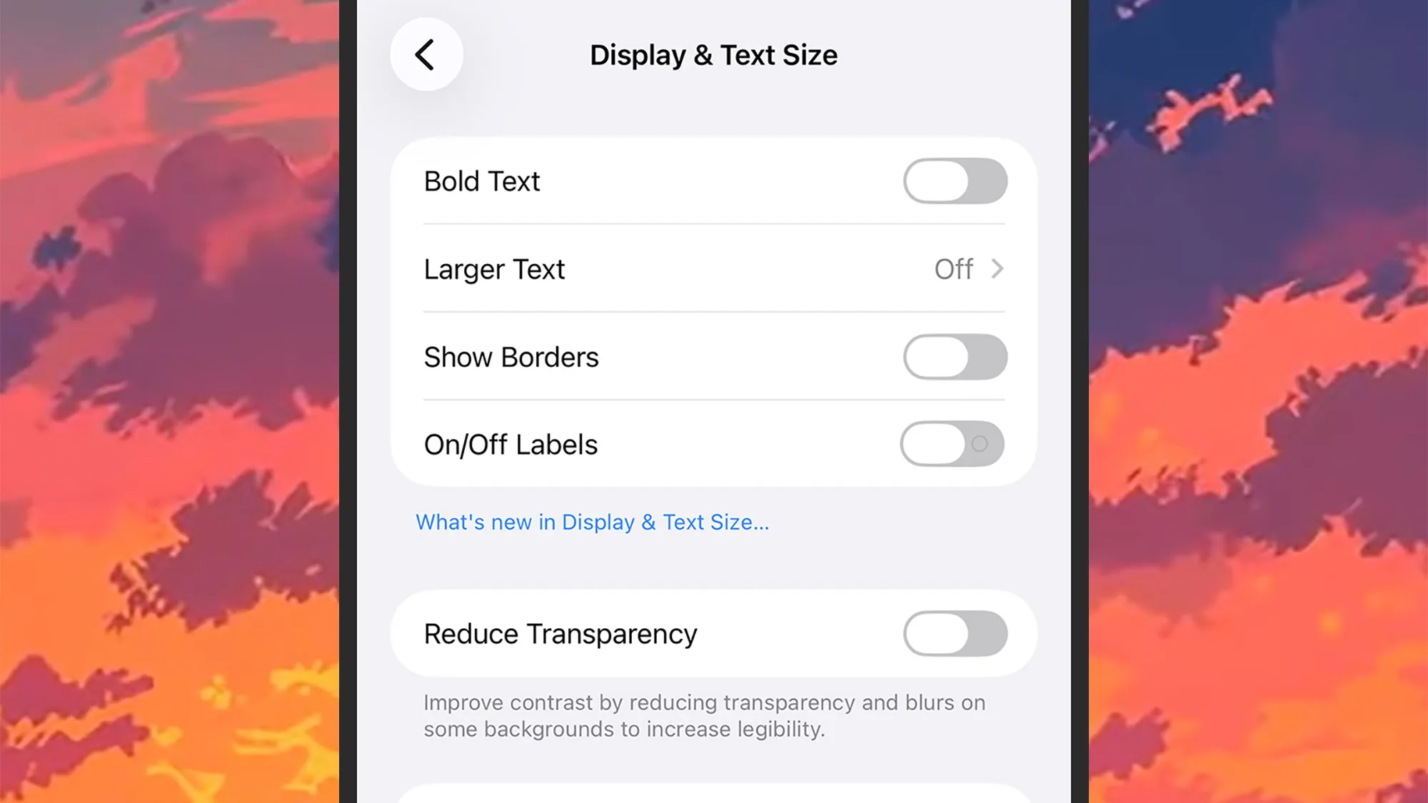 στιγμιότυπο οθόνης των επιλογών του iPhone για το μέγεθος κειμένου