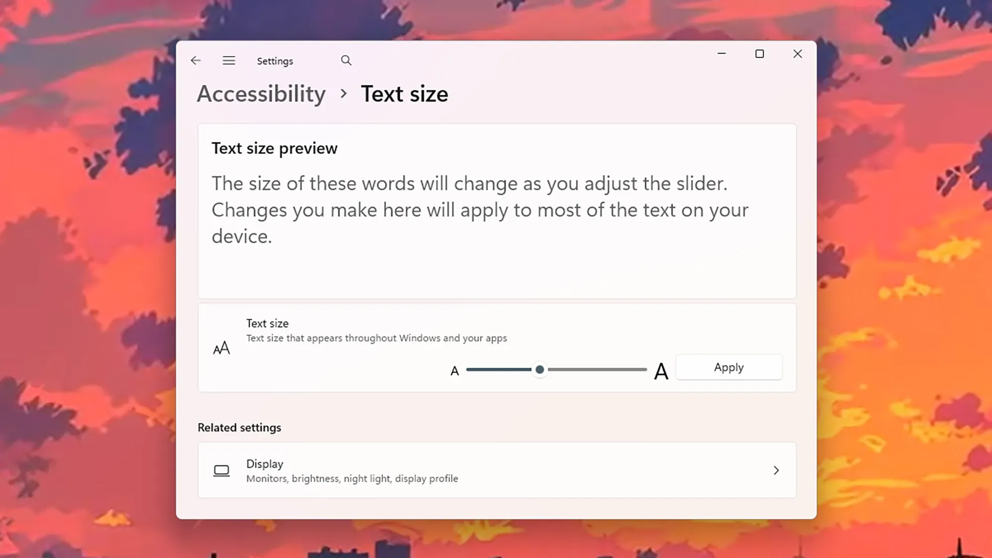 στιγμιότυπο οθόνης των επιλογών προσαρμογής μεγέθους κειμένου στη συσκευή microsoft