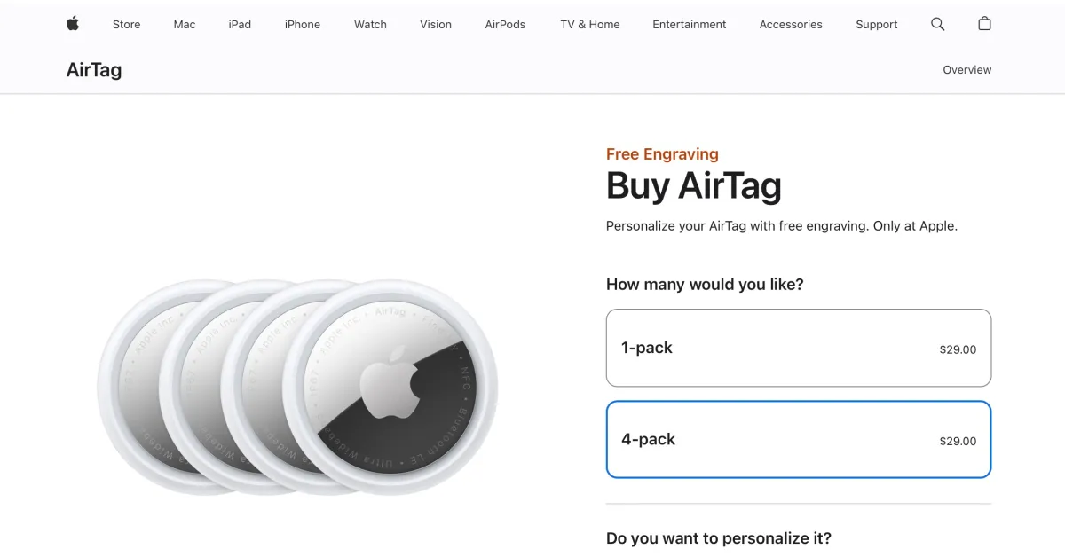 Ο ιστότοπος της Apple αναφέρει το AirTag 4-pack για 29 $ σε πιθανό σφάλμα τιμολόγησης