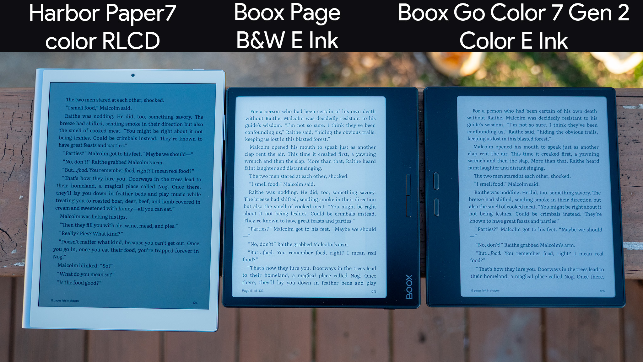 Σύγκριση έγχρωμου RLCD, έγχρωμου μελανιού E και μαύρου & λευκό μελάνι E σε χαρτί Harbor 7, Onyx Boox Page και Onyx Boox Go Color 7 Gen 2