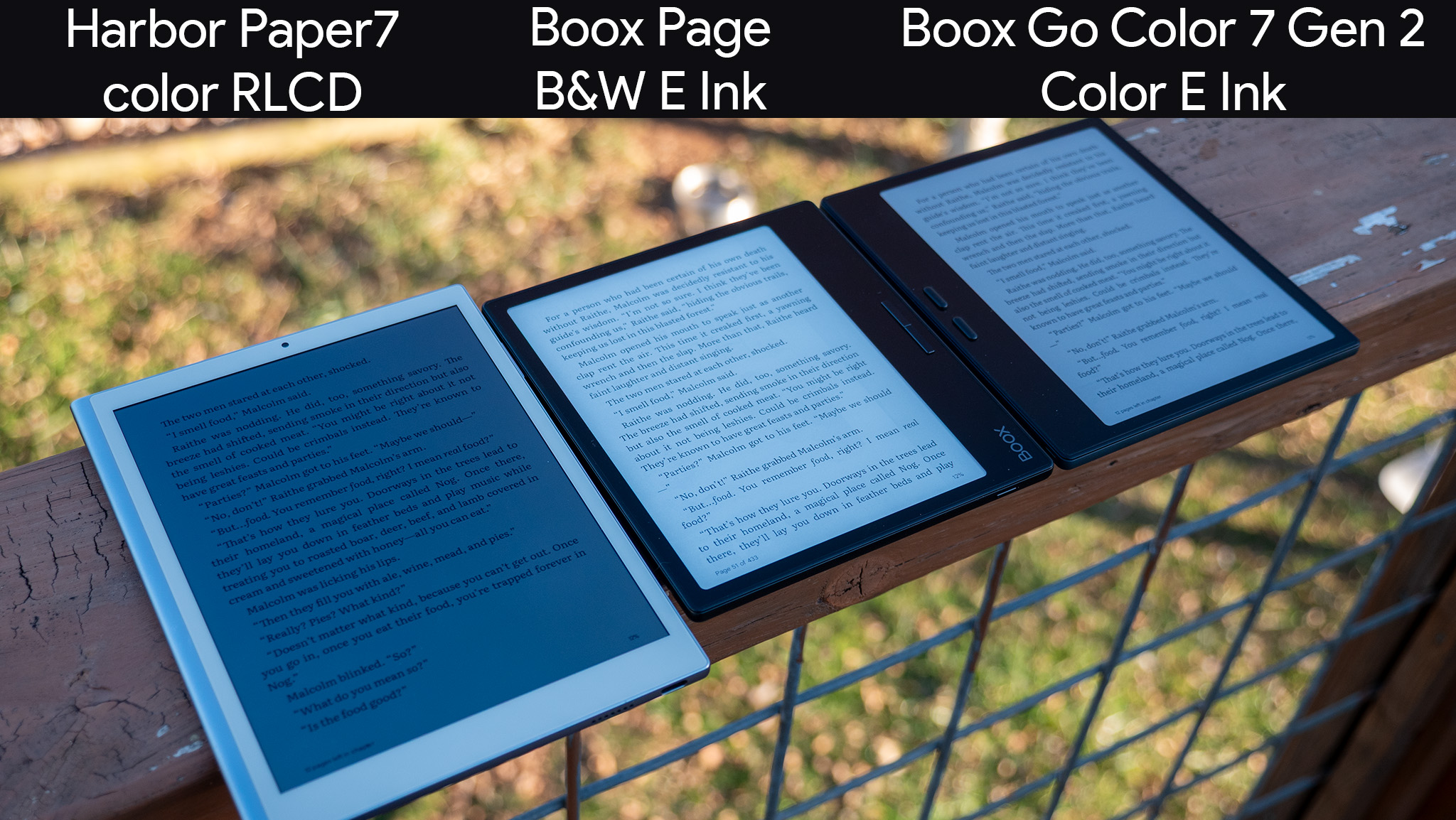 Σύγκριση έγχρωμου RLCD, έγχρωμου μελανιού E και ασπρόμαυρης μελάνης E σε χαρτί Harbor 7, σελίδα Onyx Boox και Onyx Boox Go Color 7 Gen 2