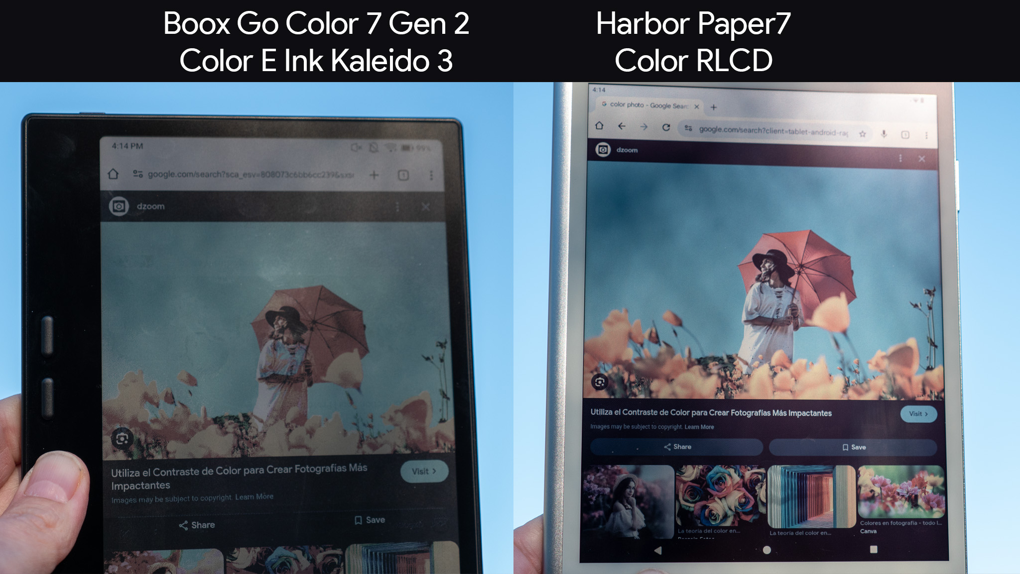 Σύγκριση της απόδοσης χρώματος μεταξύ του μελανιού Kaleido 3 color E στο Onyx Boox Go Color 7 Gen 2 και του έγχρωμου RLCD στο Harbor Paper 7