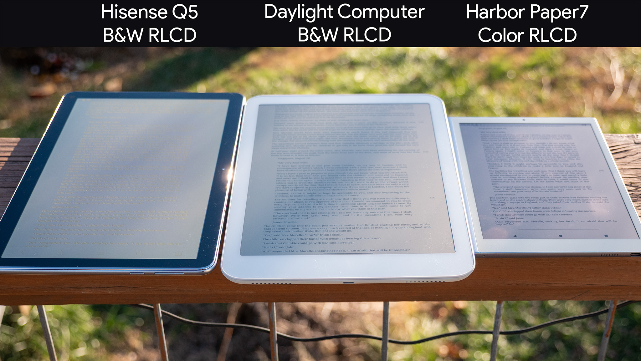 Σύγκριση της ορατότητας των tablet RLCD στο φως της ημέρας από διαφορετικές γωνίες μεταξύ του Hisense Q5, του Daylight Computer και του Harbour Paper 7