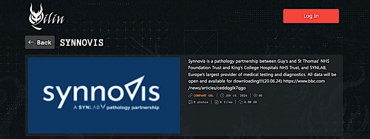 Καταχώρηση Synnovis στον ιστότοπο διαρροής του Qilin