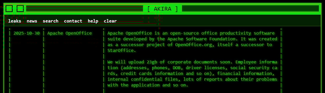 Καταχώρηση Apache OpenOffice στον ιστότοπο διαρροής δεδομένων του Akira