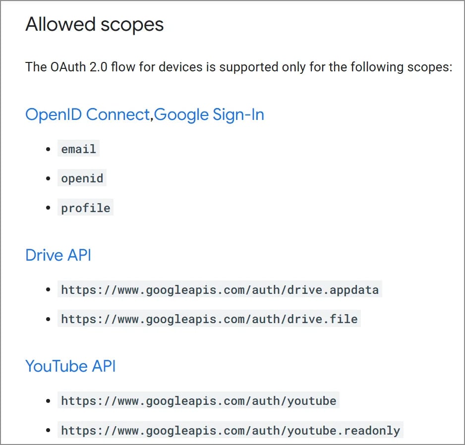 Figure 12: the very small amount of supported OAuth 2.0 permission scopes for Google’s device code flow implementation