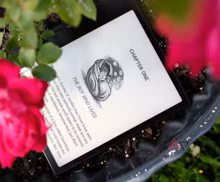 Το Boodx Go 7 ξαπλωμένο σε γλάστρα με λουλούδια από πάνω δείχνει το πρώτο κεφάλαιο του Χάρι Πότερ στην οθόνη