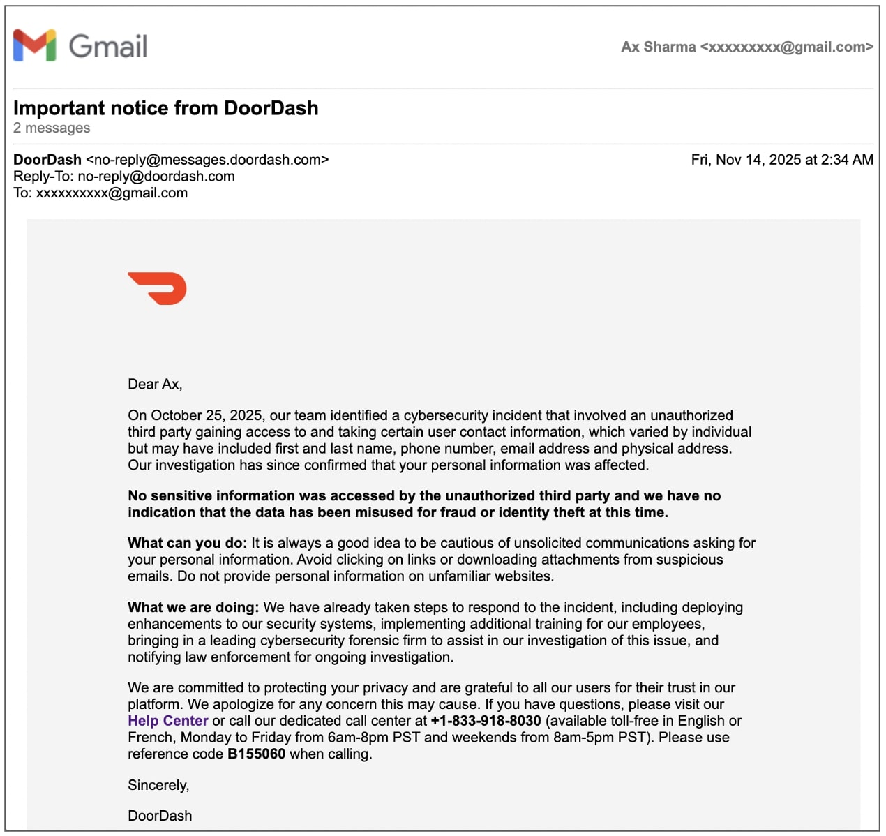 Ειδοποιήσεις ηλεκτρονικού ταχυδρομείου DoorDash που αποκαλύπτουν περιστατικό ασφαλείας από τον Οκτώβριο