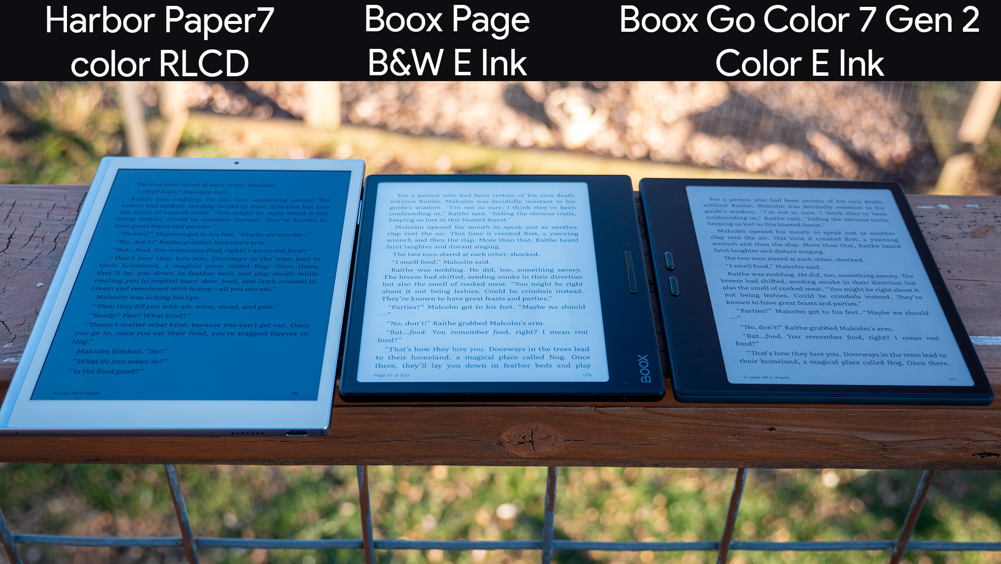 Σύγκριση έγχρωμου RLCD, έγχρωμου μελανιού E και ασπρόμαυρης μελάνης E σε χαρτί Harbor 7, σελίδα Onyx Boox και Onyx Boox Go Color 7 Gen 2
