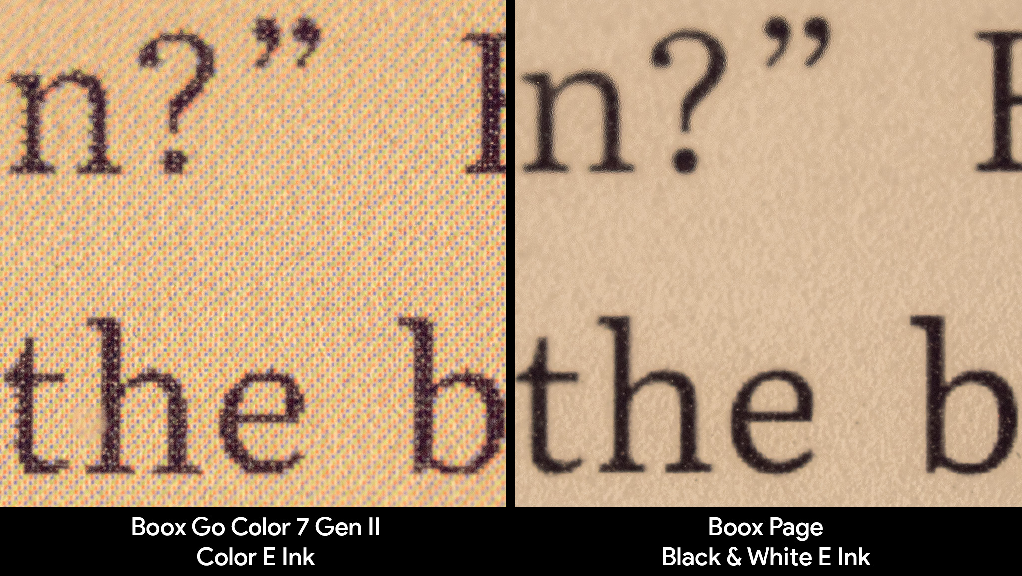 Σύγκριση της ποιότητας οθόνης μεταξύ της σελίδας Onyx Boox και της Onyx Boox Go Color 7 Gen II με μερικά γράμματα στην οθόνη