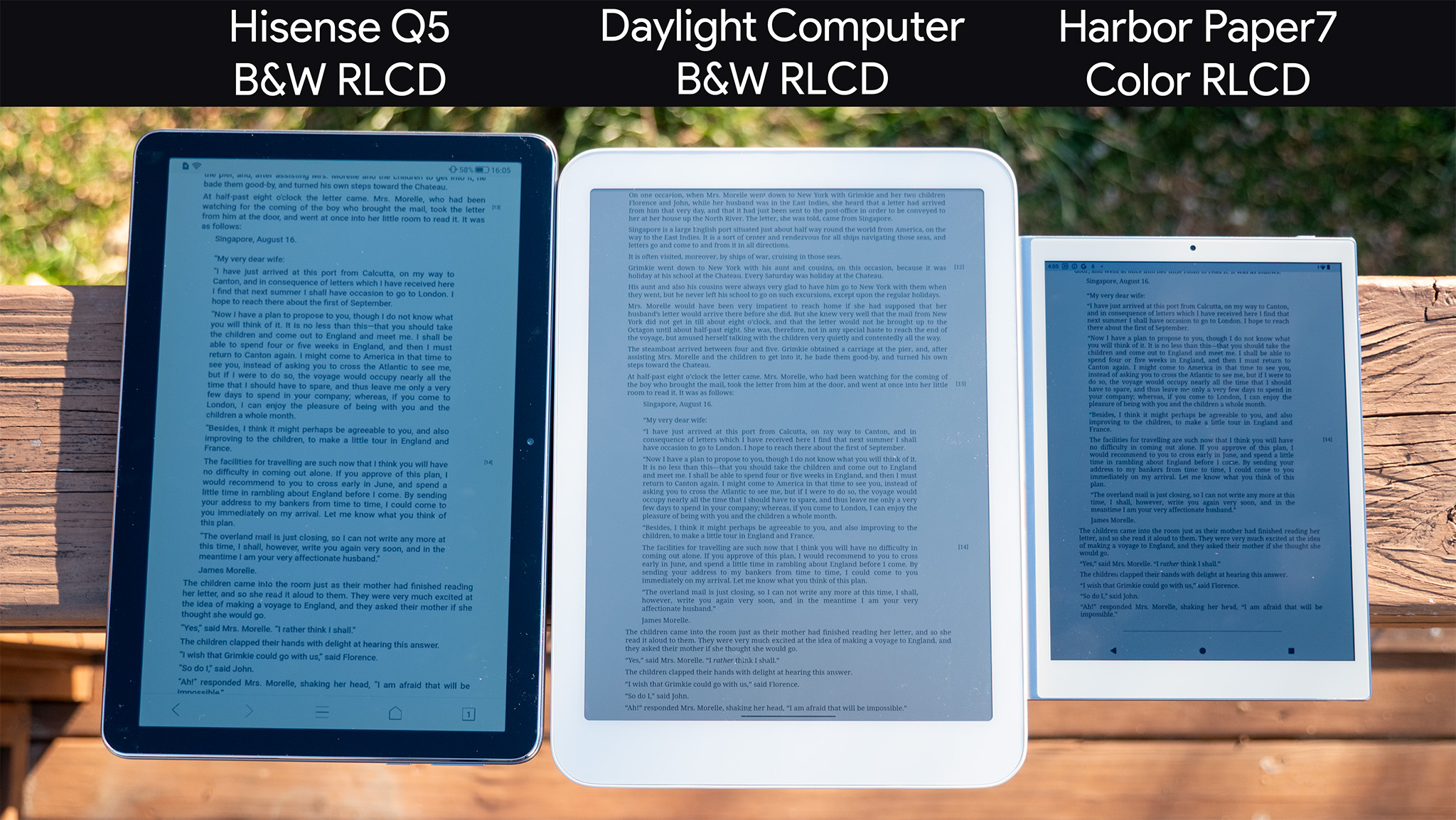 Σύγκριση της ορατότητας των tablet RLCD στο φως της ημέρας από διαφορετικές γωνίες μεταξύ του Hisense Q5, του Daylight Computer και του Harbour Paper 7