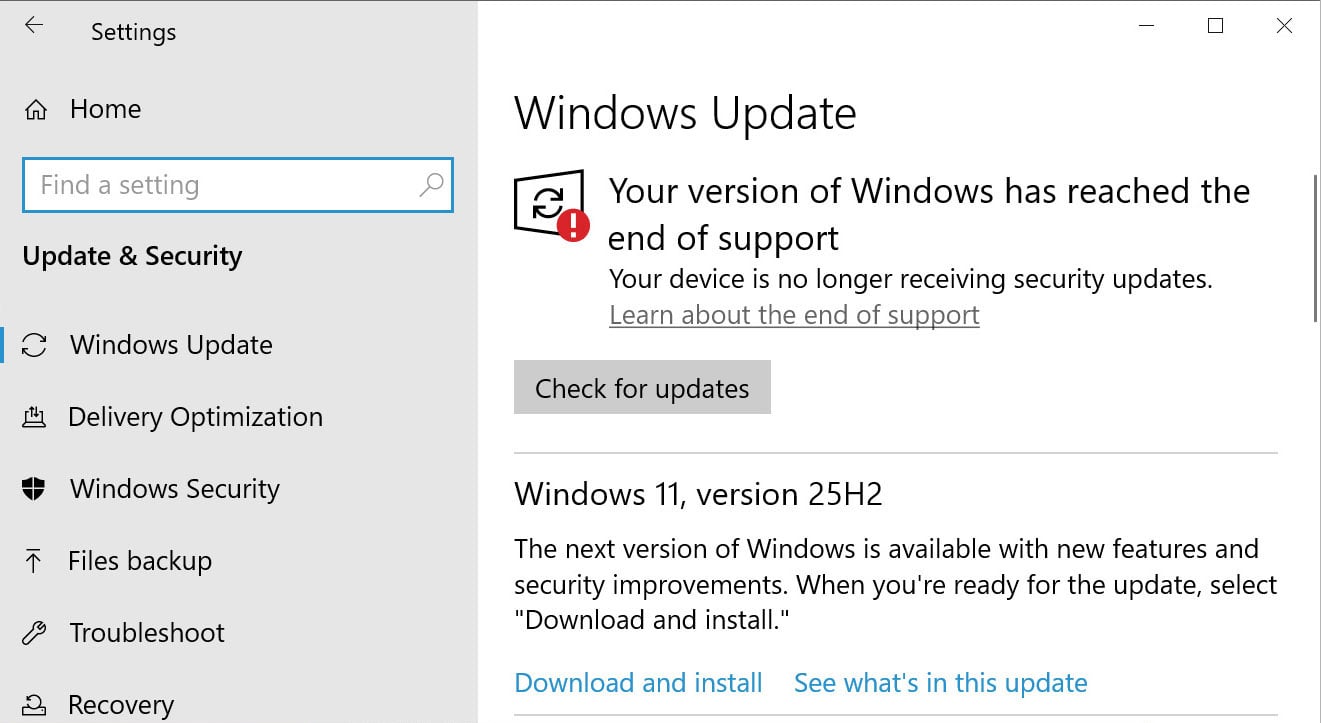 Το Windows Update προειδοποιεί ότι τα Windows 10 έχουν φτάσει στο τέλος της υποστήριξης
