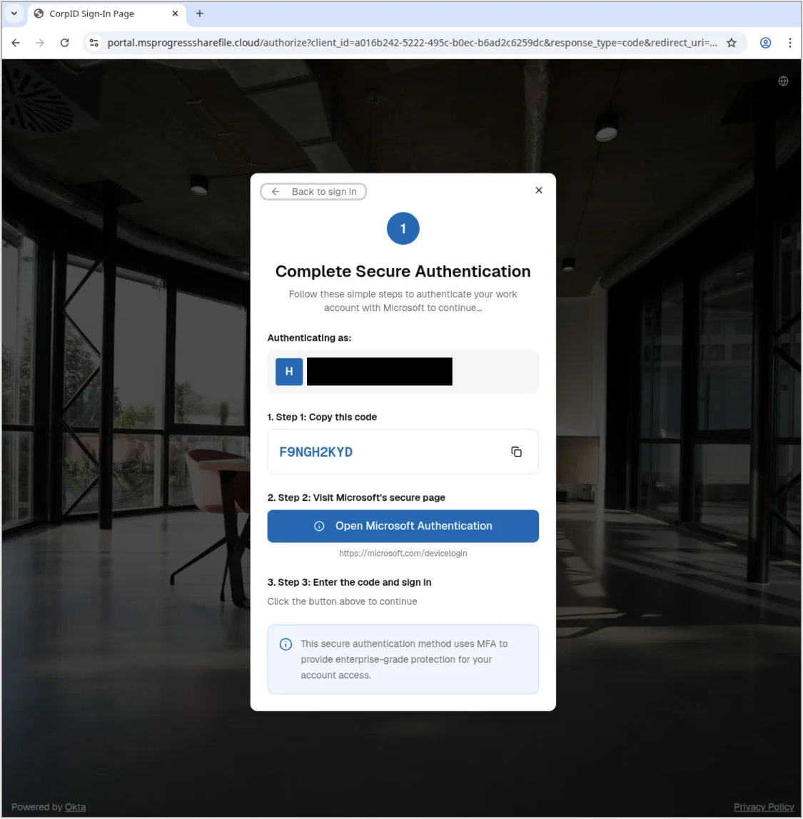 Σελίδα εξουσιοδότησης που χρησιμοποιήθηκε στην επίθεση
