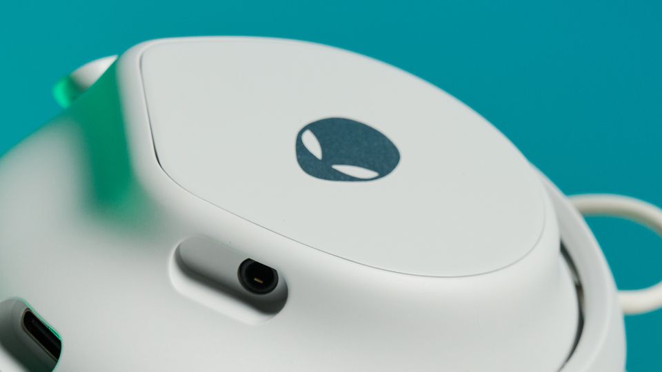 A lunar light white Alienware Pro Wireless Gaming Headset