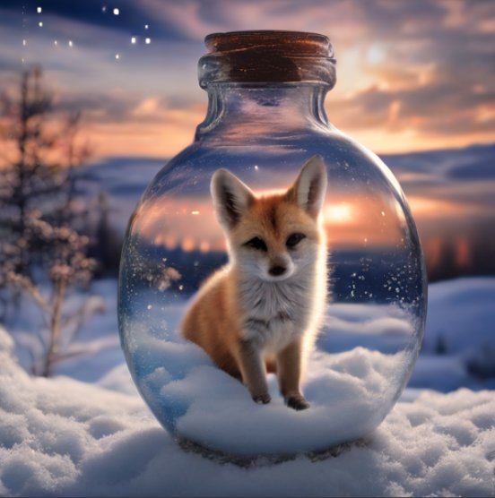 Πώς να ρυθμίσετε το ComfyUI AI Image Generation στη GPU AMD RDNA 4 χρησιμοποιώντας το ROCm 7.1.1 στα Windows Μια μικρή αλεπού είναι κλεισμένη σε ένα διαφανές γυάλινο βάζο σε ένα χιονισμένο τοπίο με φόντο το ηλιοβασίλεμα.