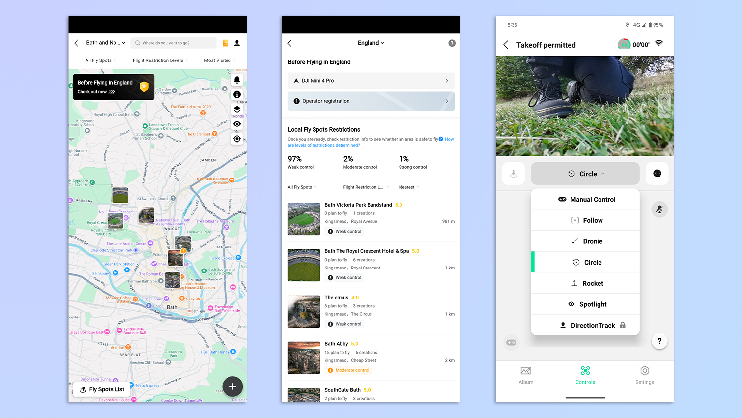 Μια συλλογή από στιγμιότυπα οθόνης που δείχνουν την εφαρμογή DJI Fly ανοιχτή σε ένα Google Pixel 7 Pro