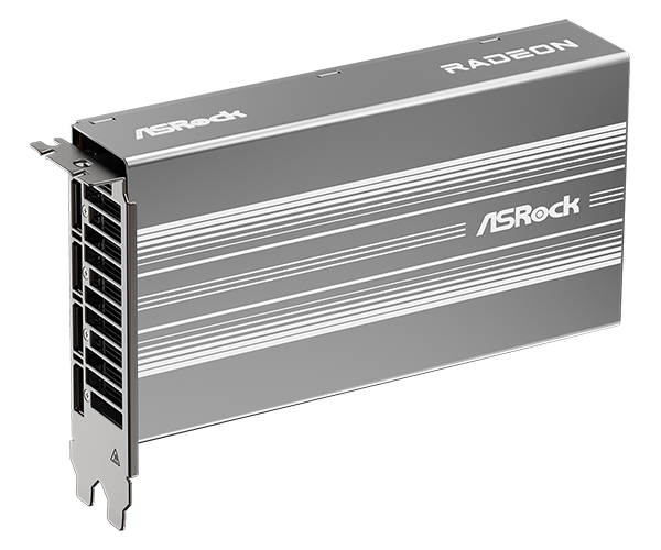 Μια κάρτα γραφικών ASRock Radeon με σχέδιο ασημί και λευκή λωρίδα και εμφανείς αεραγωγούς ψύξης.