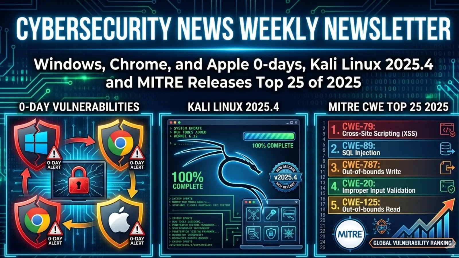 Cybersecurity News Weekly Newsletter – Windows, Chrome, and Apple 0-days, Kali Linux 2025.4, and MITRE Top 25