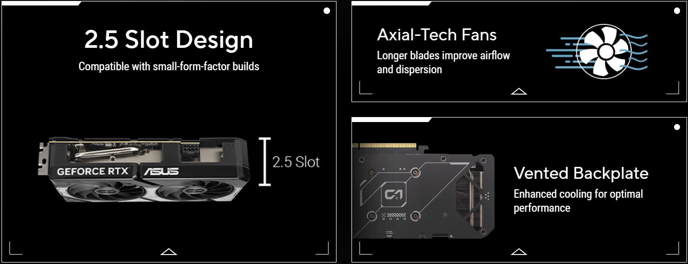 Μια κάρτα γραφικών ASUS GeForce RTX με «2.5 Slot Design», «Axial-Tech Fans» για βελτιωμένη ροή αέρα και «Vented Backplate» για βελτιωμένη ψύξη.