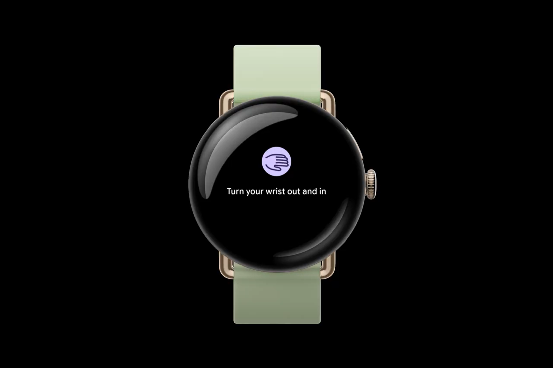 Ένα στιγμιότυπο οθόνης του Pixel Watch 4 που δείχνει έναν οδηγό για τη χρήση της χειρονομίας περιστροφής του καρπού με το ένα χέρι.