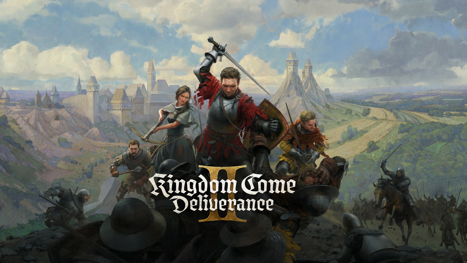 Μια προωθητική εικόνα για το «Kingdom Come: Deliverance II» που δείχνει θωρακισμένους χαρακτήρες να προετοιμάζονται για μάχη σε ένα μεσαιωνικό τοπίο με ένα κάστρο στο βάθος.