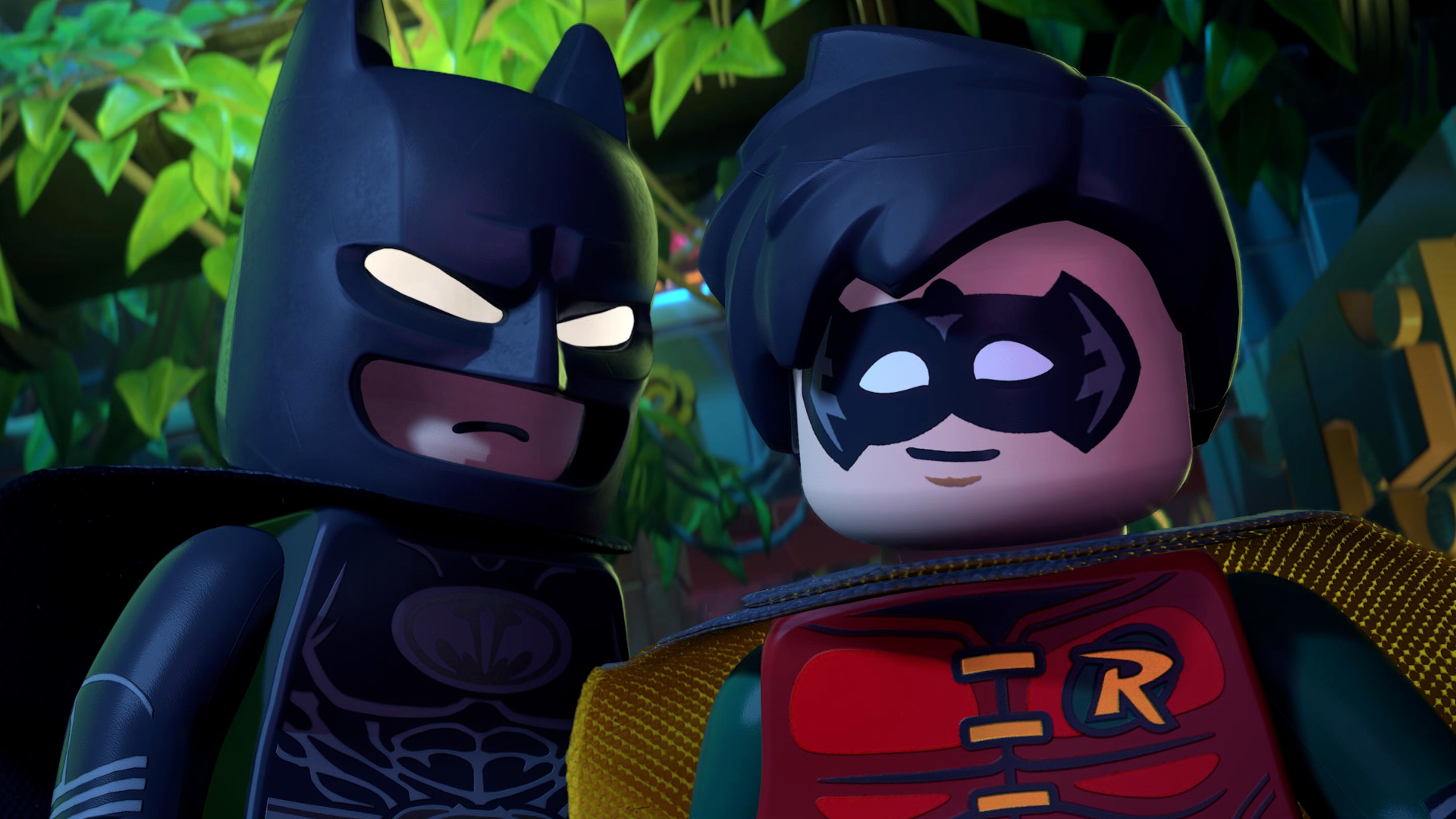 Το Lego Batman και ο Robin στέκονται σε ένα περιβάλλον ζούγκλας σε μια σκηνή βιντεοπαιχνιδιών.