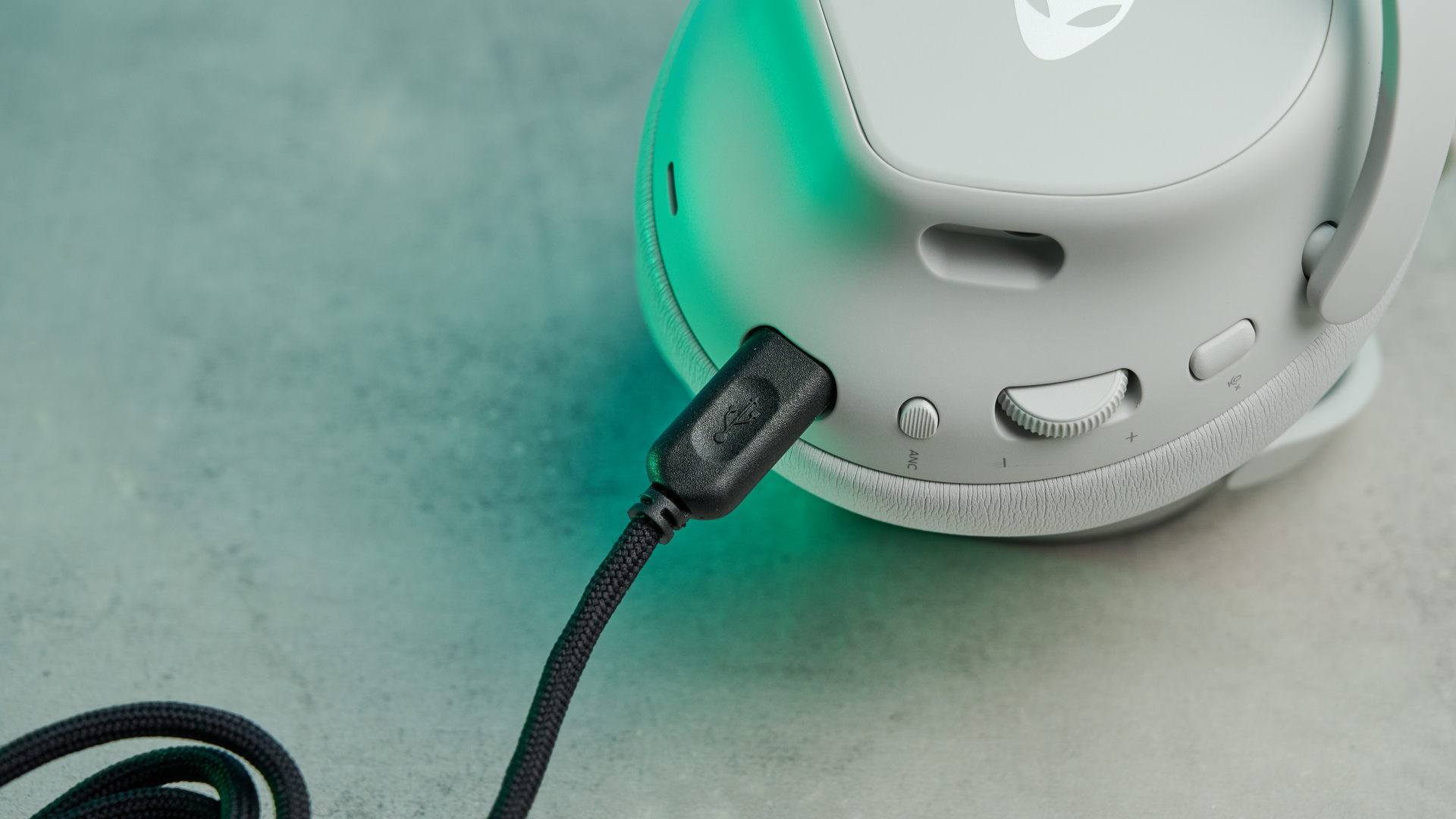 A lunar light white Alienware Pro Wireless Gaming Headset