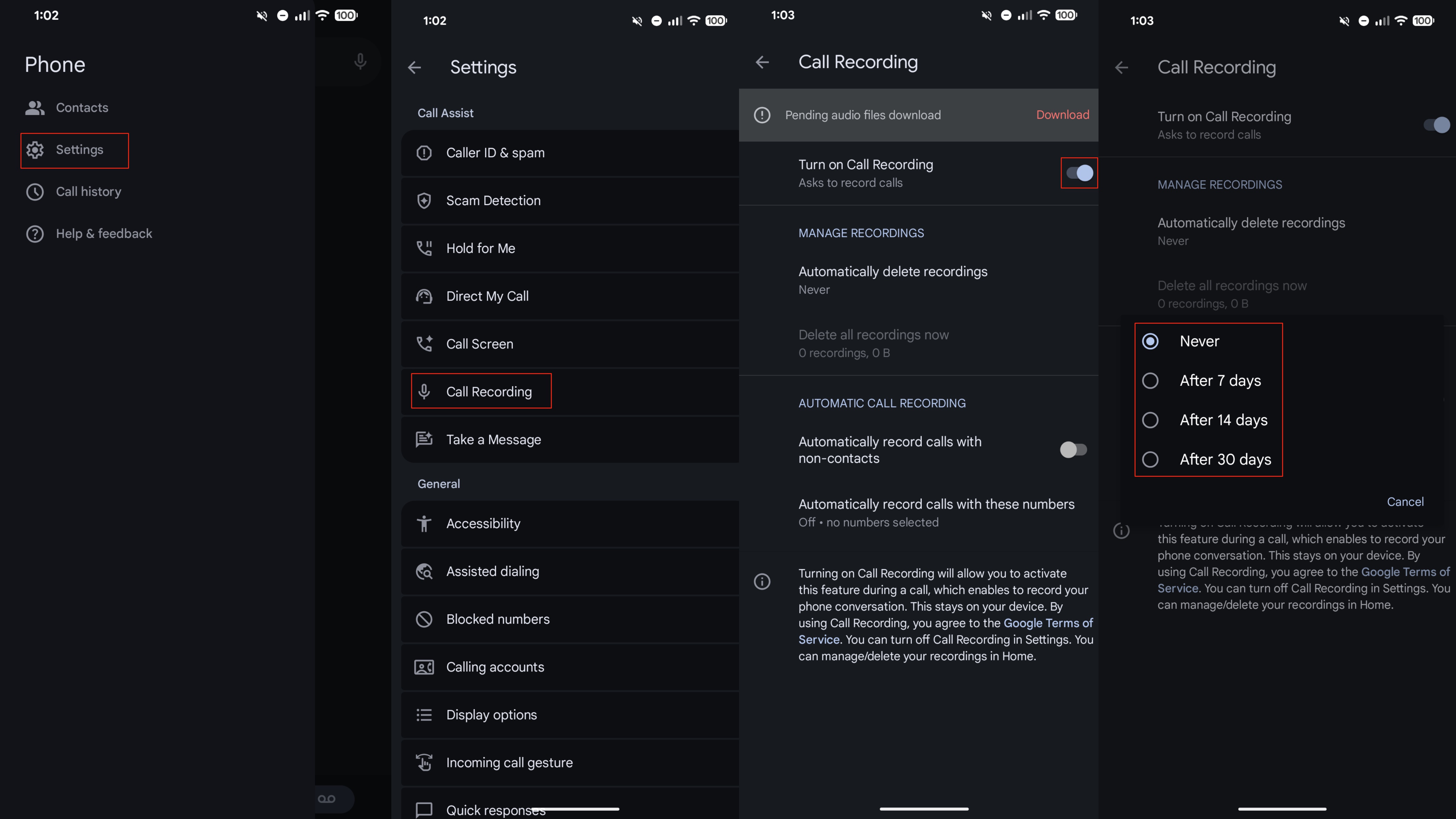 Τα στιγμιότυπα οθόνης για την ενεργοποίηση και τη χρήση της εγγραφής κλήσεων σε τηλέφωνο Pixel.