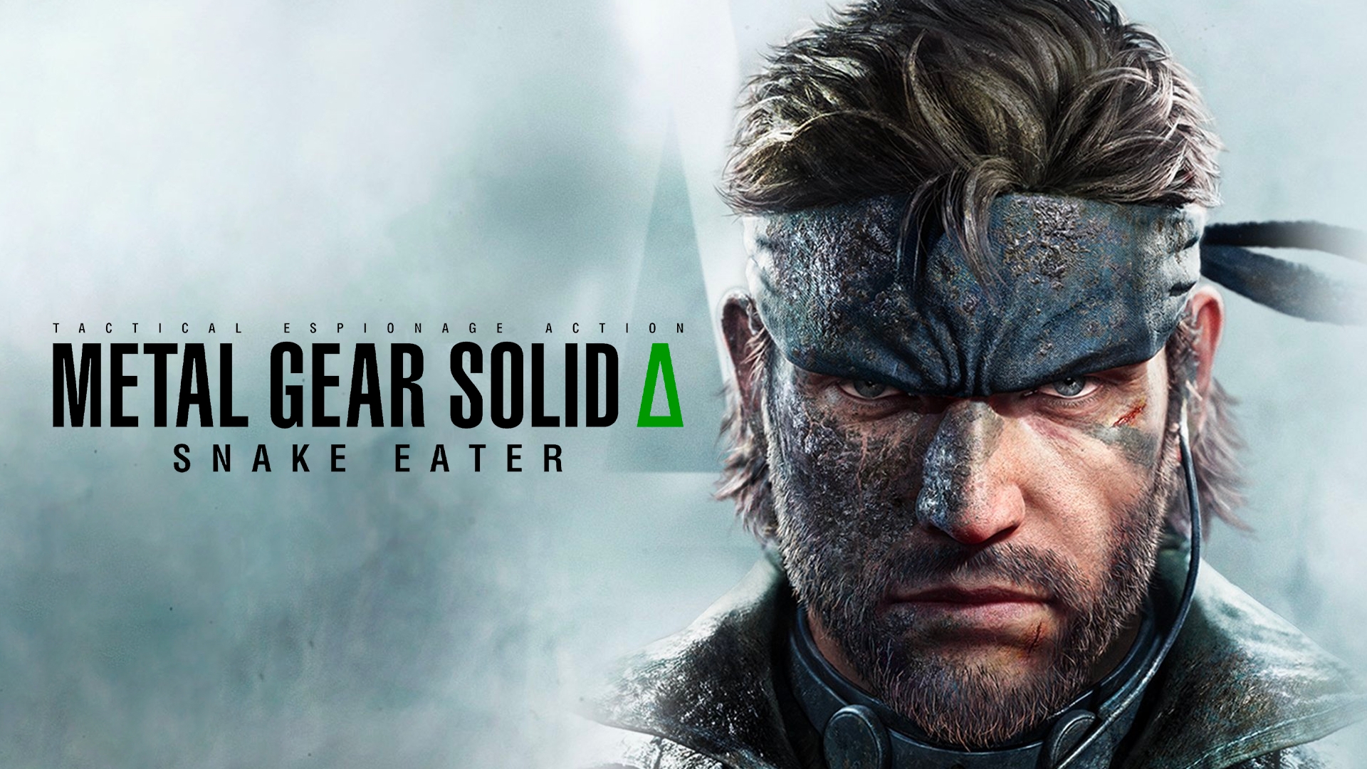 Ένα κοντινό πλάνο του πρωταγωνιστή στο Metal Gear Solid Δ: Snake Eater με τον τίτλο του παιχνιδιού και το λογότυπο στην αριστερή πλευρά.