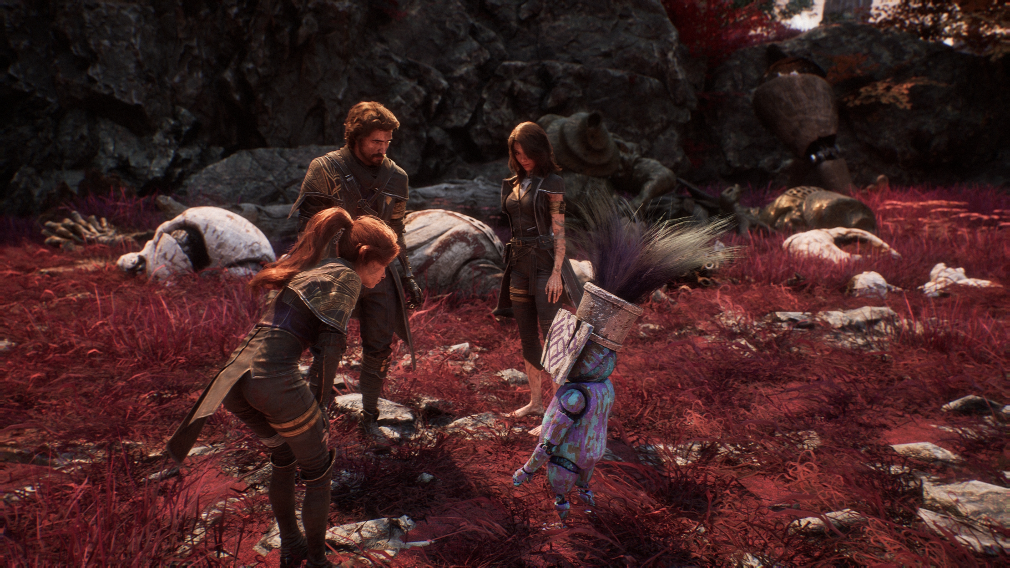 Clair Obscur: Expedition 33 screenshot featuring the party talking to a paintbrush-like Gestral creature