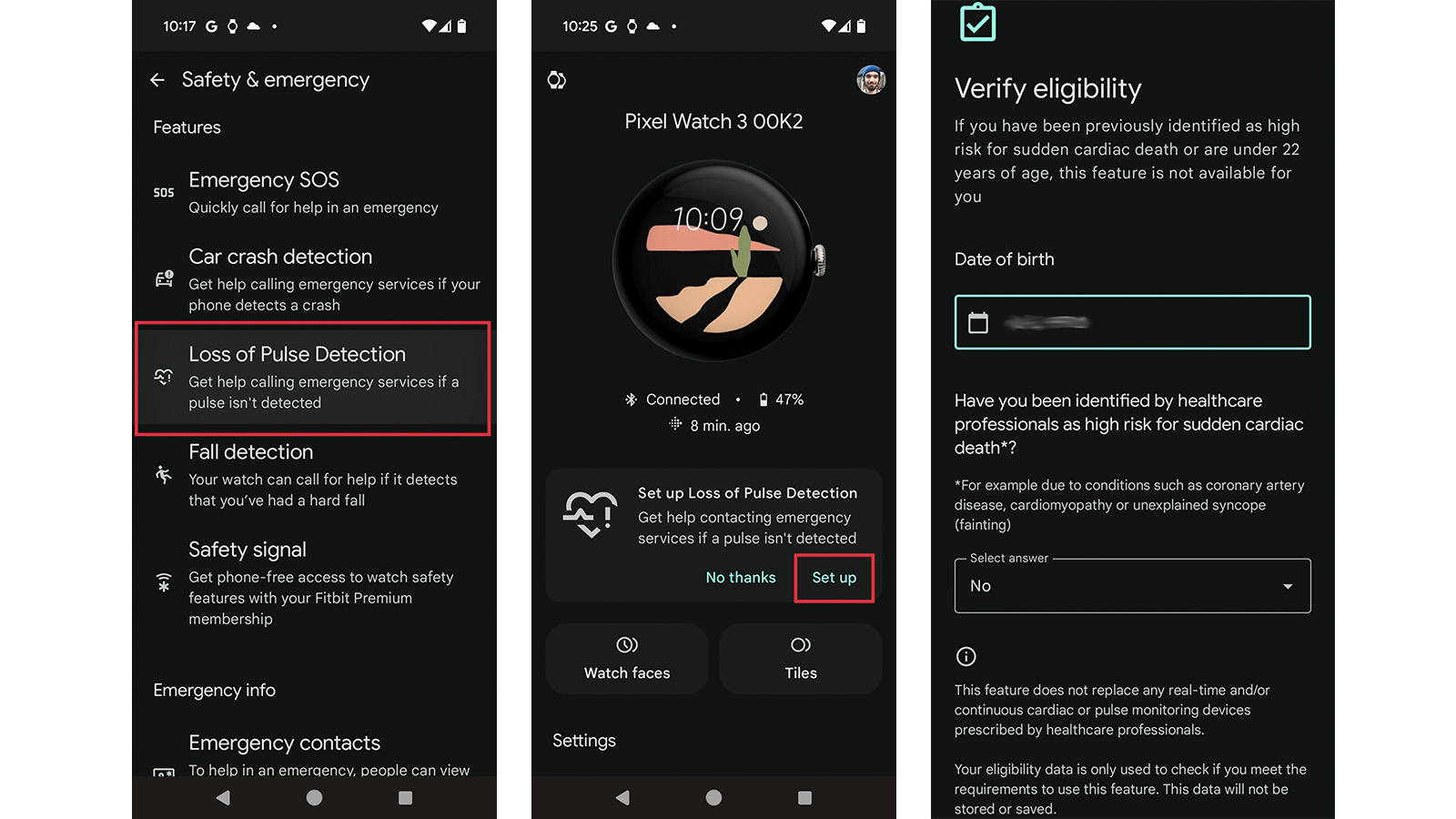 How to set up and optimize your new Google Pixel Watch 4: The 12 essential features to customize out of the box so you can get the most out of Google's latest smartwatch Screenshots of setting up Loss of Pulse Detection on Google Pixel Watch 3