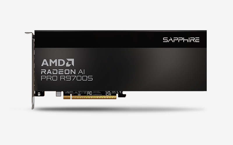 Η εικόνα δείχνει μια κάρτα γραφικών Sapphire AMD Radeon AI Pro R9700S.