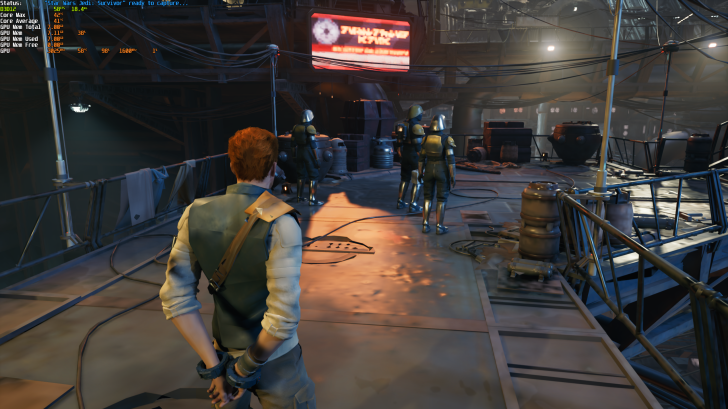 Μια σκηνή από το «Star Wars Jedi: Survivor» δείχνει τον κύριο χαρακτήρα να περπατά προς τους θωρακισμένους στρατιώτες σε μια πλατφόρμα, με στατιστικά στοιχεία απόδοσης να εμφανίζονται στην αριστερή πλευρά της οθόνης.