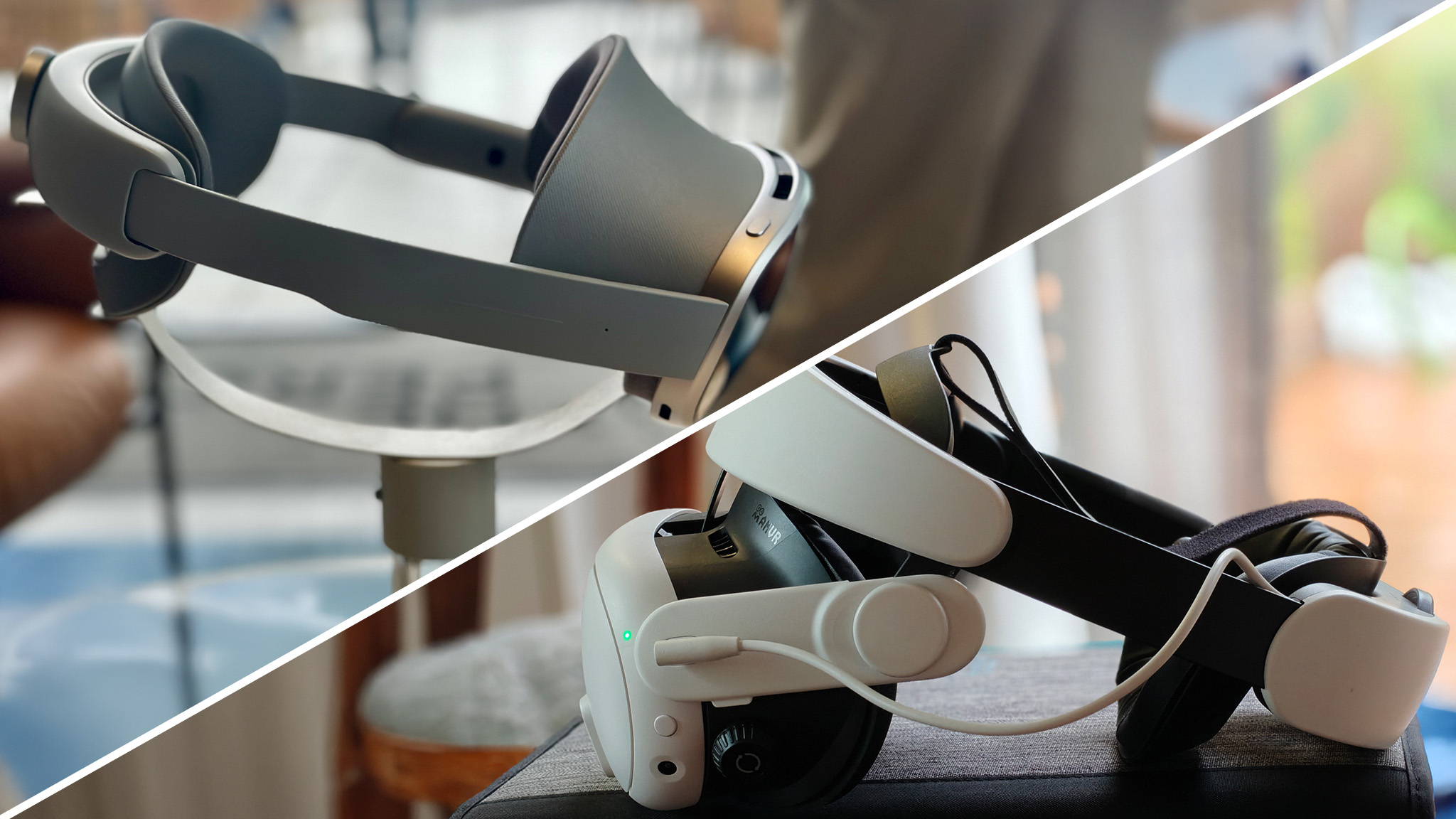 Ένα ακουστικό Samsung Galaxy XR και ένα ακουστικό Meta Quest 3 σε χωριστή εικόνα