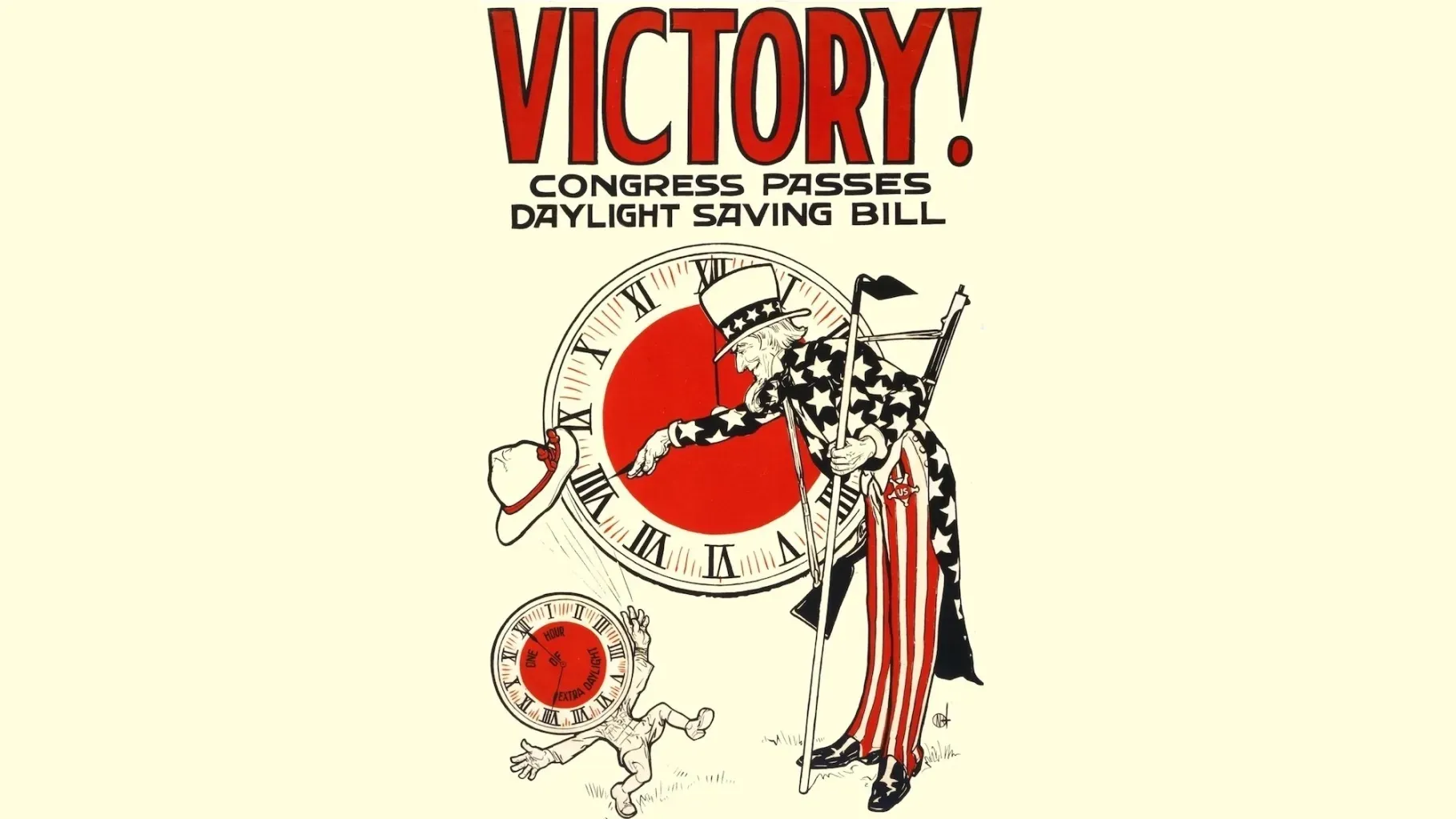 26 Δημοφιλείς επιστημονικές ιστορίες που αγαπήσατε το 2025 Μια πολύχρωμη vintage εικονογράφηση αφίσας με μια μεγάλη φιγούρα του θείου Σαμ με στολή με αστέρια και ρίγες, που γέρνει για να προσαρμόσει τους δείκτες ενός τεράστιου ρολογιού με λατινικούς αριθμούς, το οποίο έχει κόκκινο κέντρο. Από κάτω του, ένας μικρότερος άνδρας τρέχει ξέφρενα με ένα μικρό ρολόι που δείχνει ότι η ώρα είναι μια ώρα νωρίτερα. Το κείμενο στην κορυφή διαβάζεται "ΝΙΚΗ! ΤΟ ΣΥΝΕΔΡΙΟ ΨΗΦΙΖΕΙ ΤΟ ΝΟΜΟΣΧΕΙΟ ΓΙΑ ΤΗΝ ΗΜΕΡΗΣΙΑ." Το στυλ θυμίζει αμερικανικές πολιτικές αφίσες ή αφίσες της εποχής του πολέμου των αρχών του 20ού αιώνα.