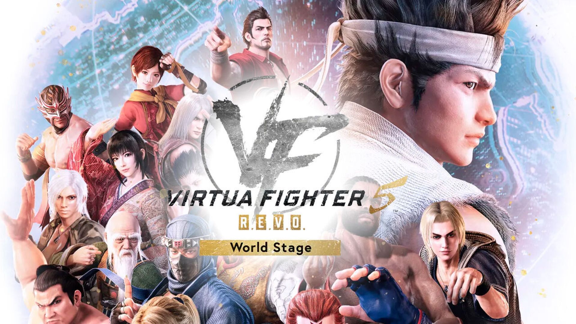 Έργο τέχνης για το Virtua Fighter 5 REVO World Stage με πολλούς μαχητές σε δυναμικές πόζες.